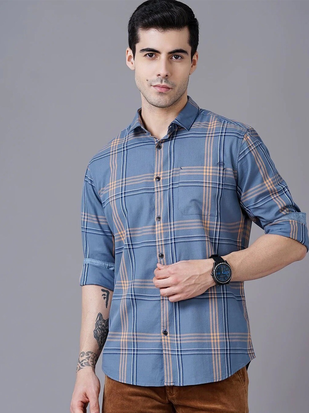 

British Club Smart Slim Fit Tartan Checked Pure Cotton Casual Shirt, Blue