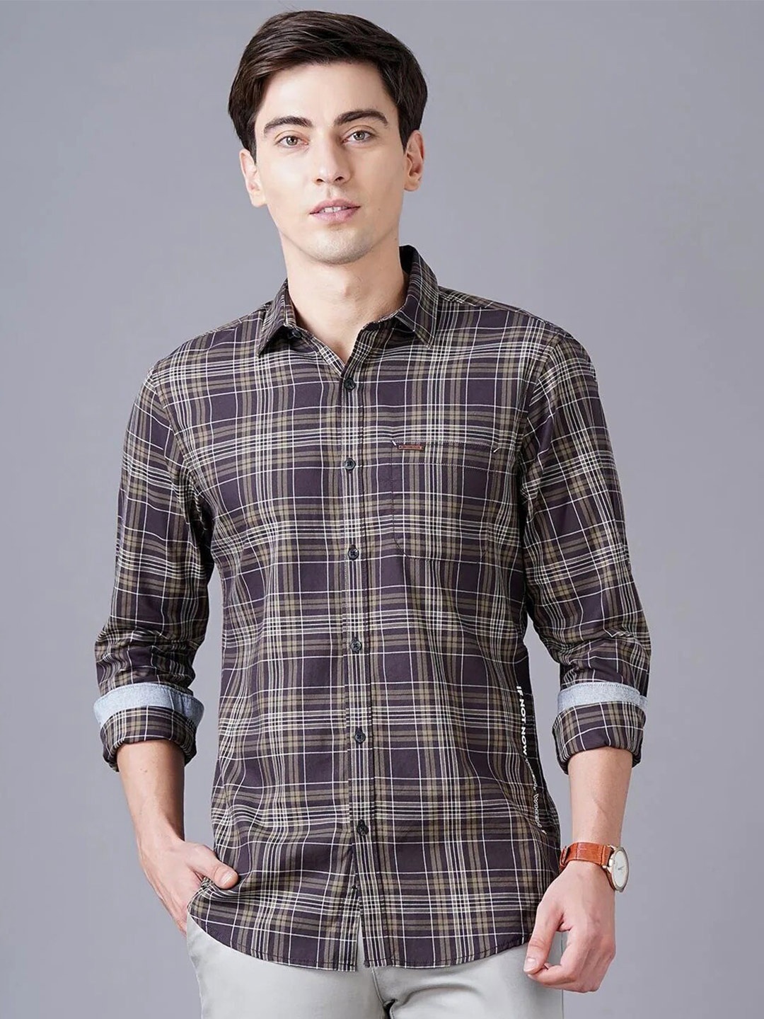 

British Club Smart Slim Fit Tartan Checks Pure Cotton Casual Shirt, Brown