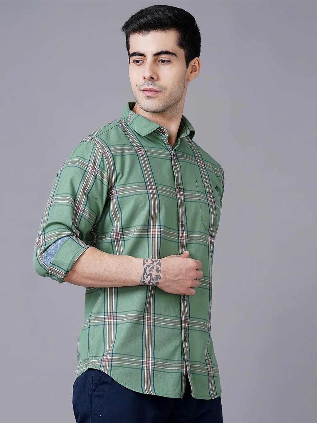 

British Club Checked Smart Slim Fit Tartan Checks Opaque Pure Cotton Casual Shirt, Sea green