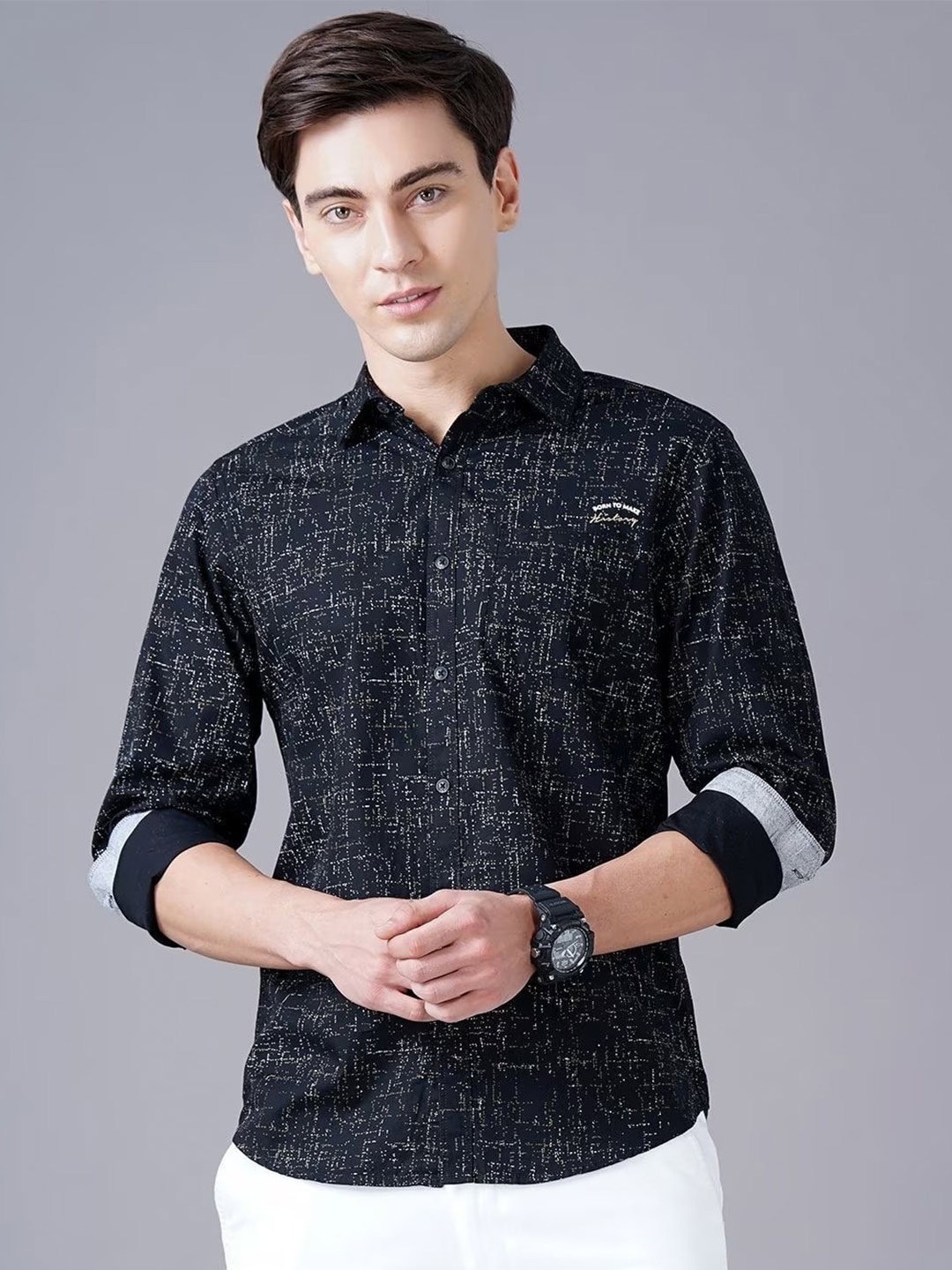 

British Club Smart Slim Fit Abstract Printed Pure Cotton Casual Shirt, Black