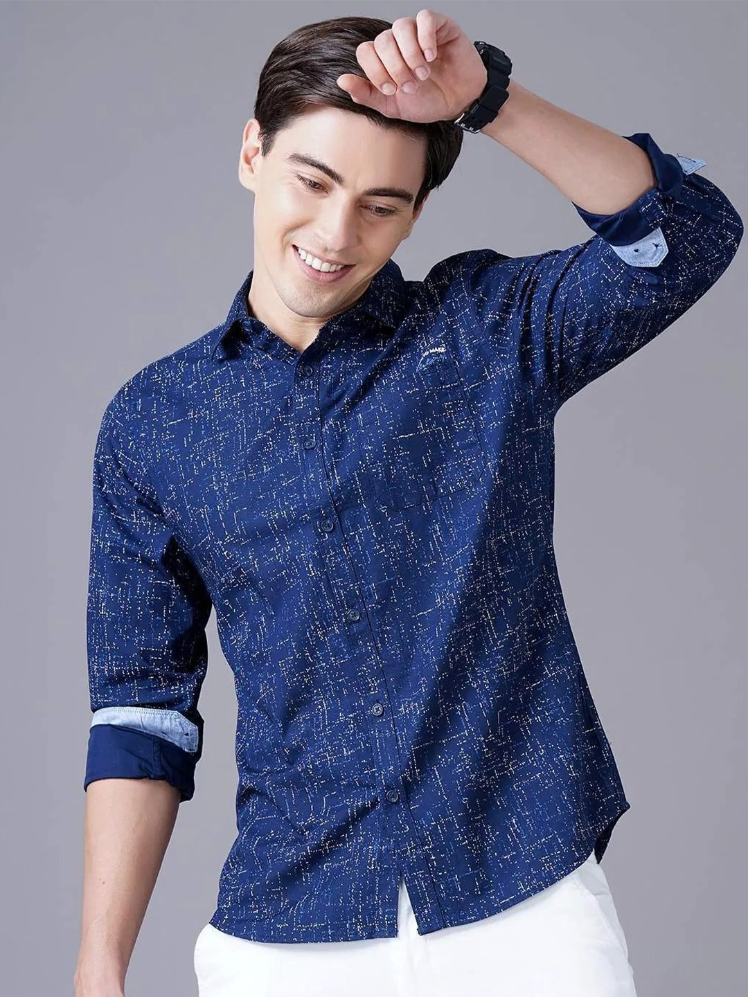 

British Club Smart Slim Fit Abstract Printed Pure Cotton Casual Shirt, Navy blue