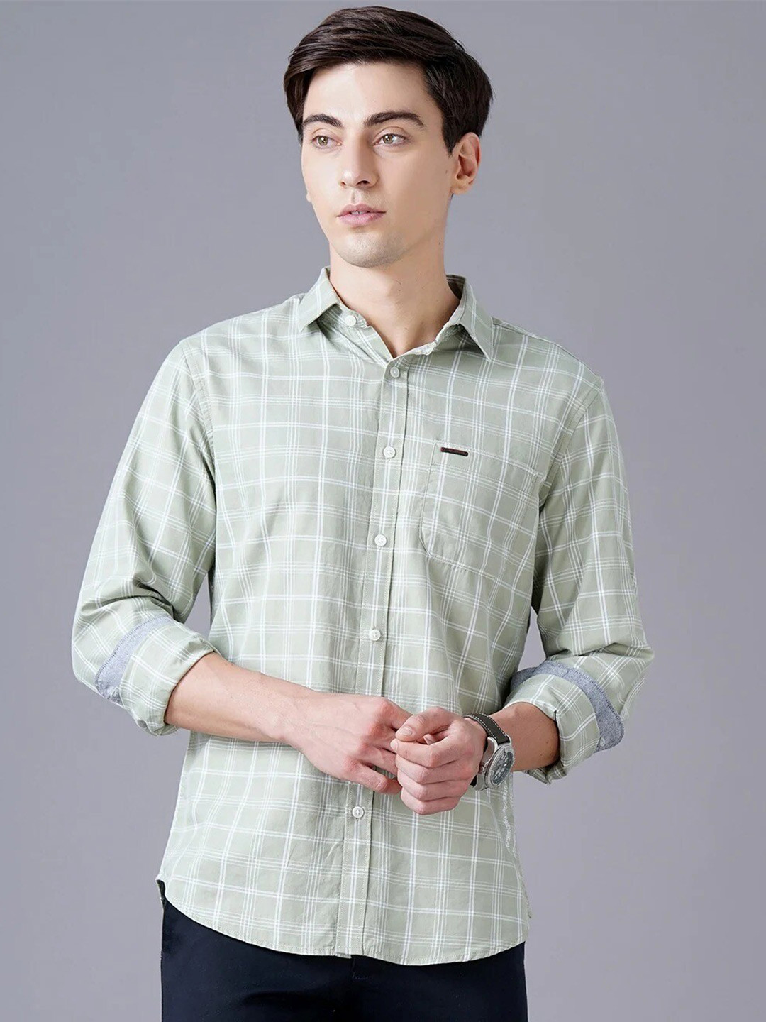 

British Club Smart Slim Fit Opaque Checked Pure Cotton Casual Shirt, Green