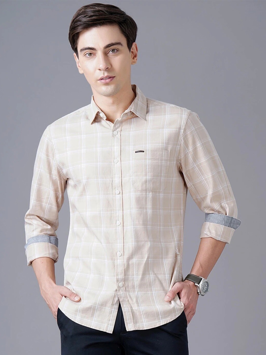 

British Club Other Checks Smart Slim Fit Cotton Casual Shirt, Beige