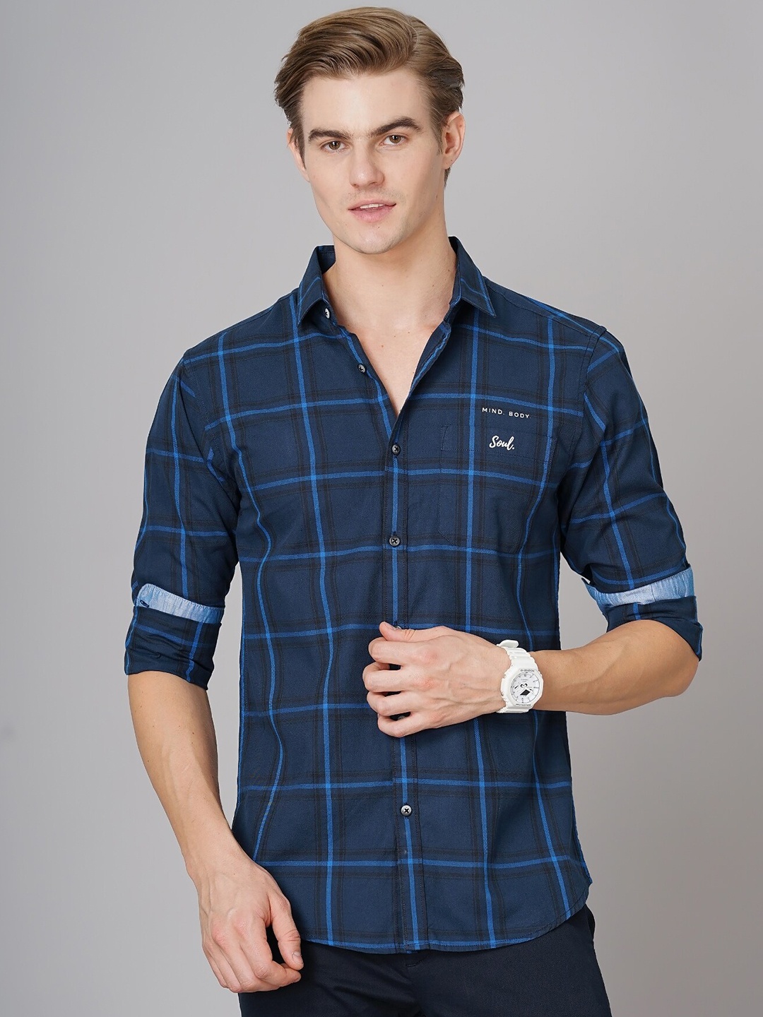 

British Club Smart Slim Fit Windowpane Checked Pure Cotton Casual Shirt, Navy blue