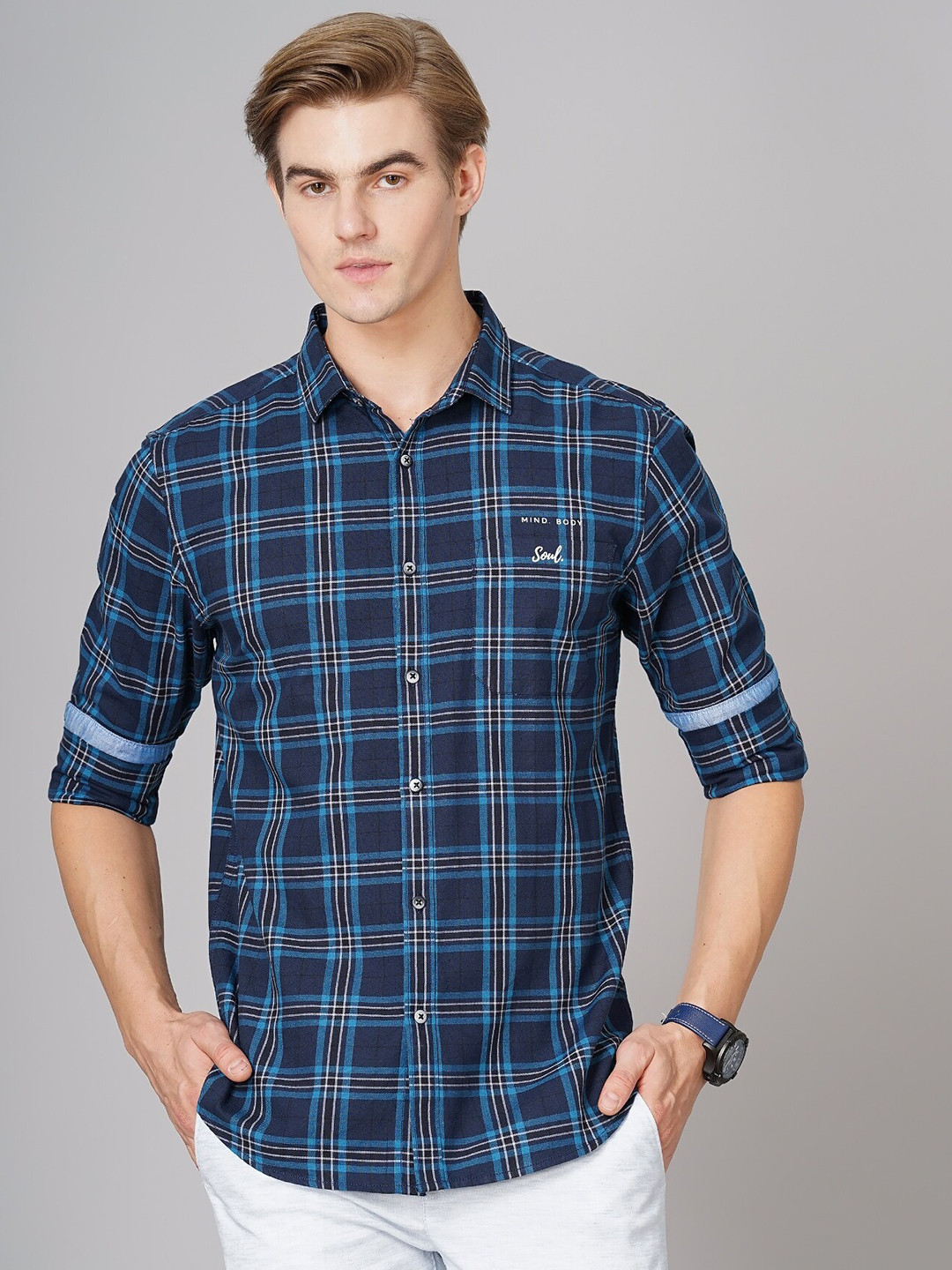 

British Club Smart Slim Fit Checked Cotton Casual Shirt, Navy blue