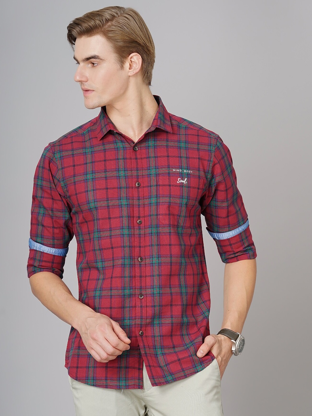 

British Club Smart Slim Fit Tartan Checks Opaque Checked Pure Cotton Casual Shirt, Red