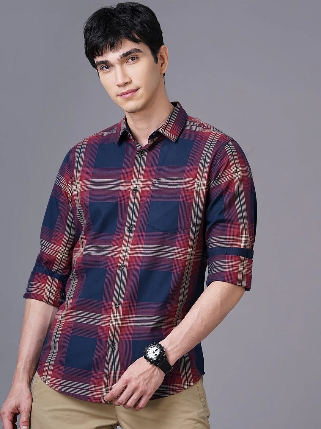 

British Club Checked Smart Slim Fit Tartan Checks Opaque Checked Pure Cotton Casual Shirt, Navy blue