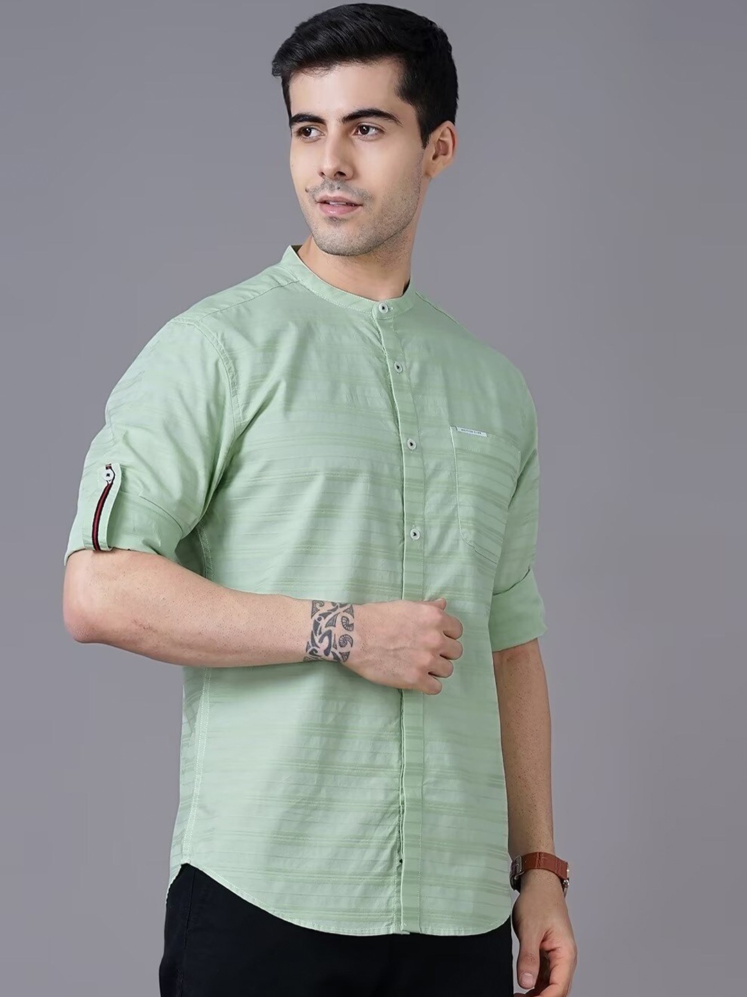 

British Club Band Collar Smart Slim Fit Casual Pure Cotton Shirt, Green