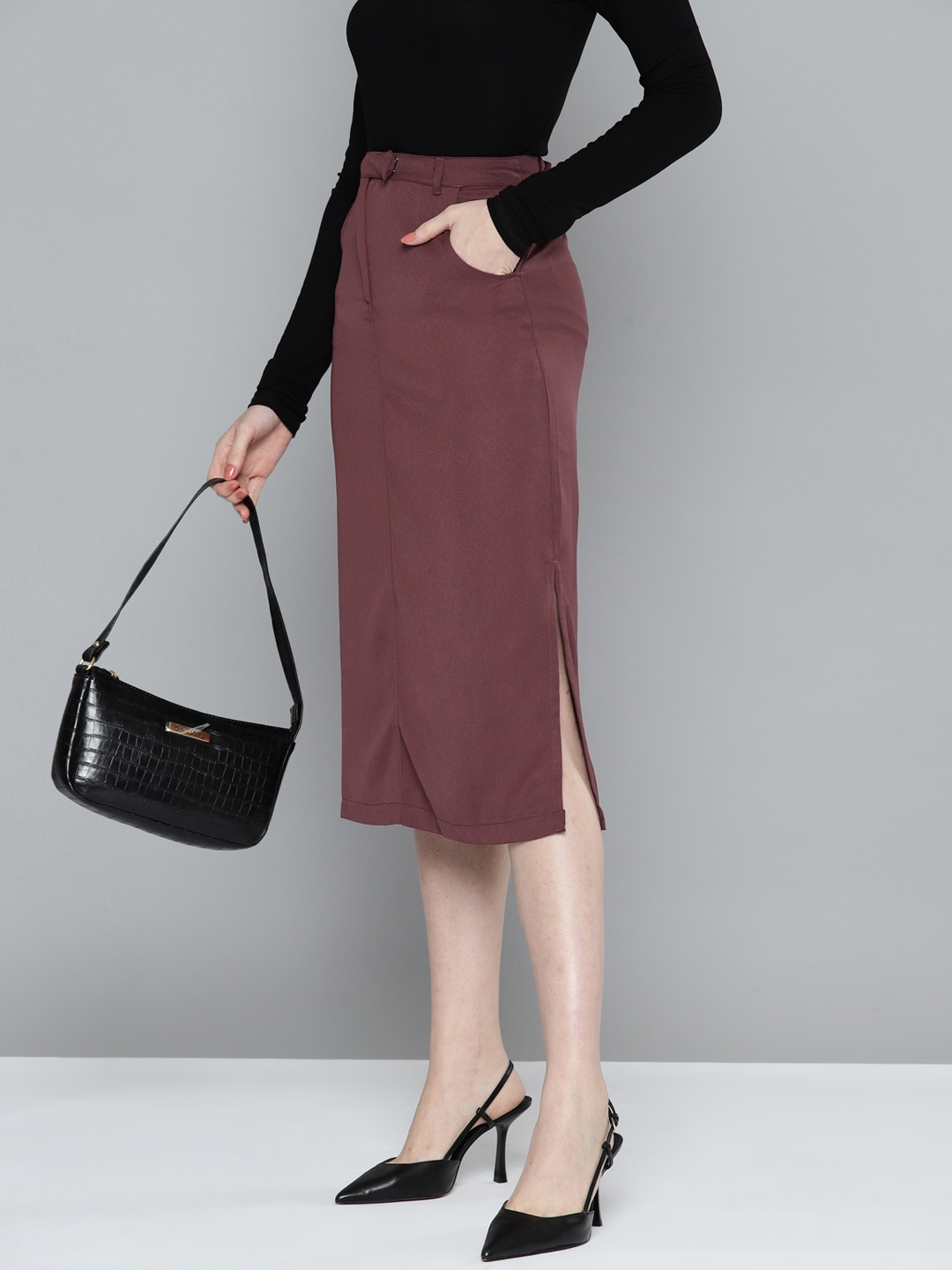 

Chemistry Side Slit Formal Straight Skirt, Brown