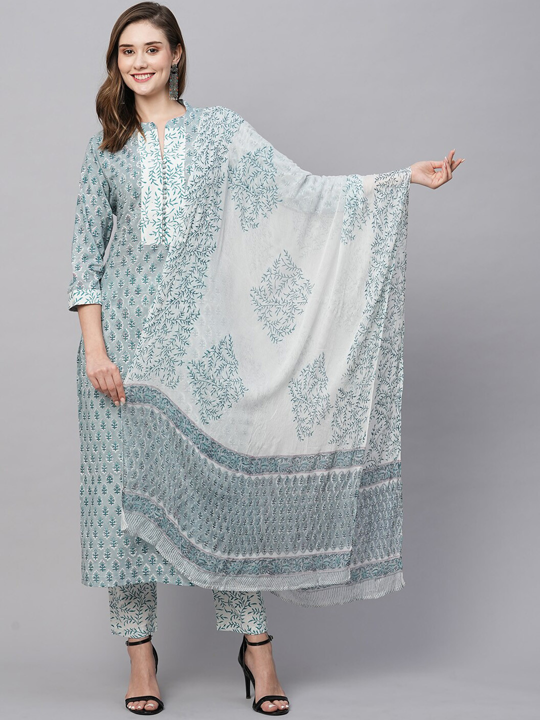 

KALINI Ethnic Motifs Printed Kurta with Trousers & With Dupatta, Blue