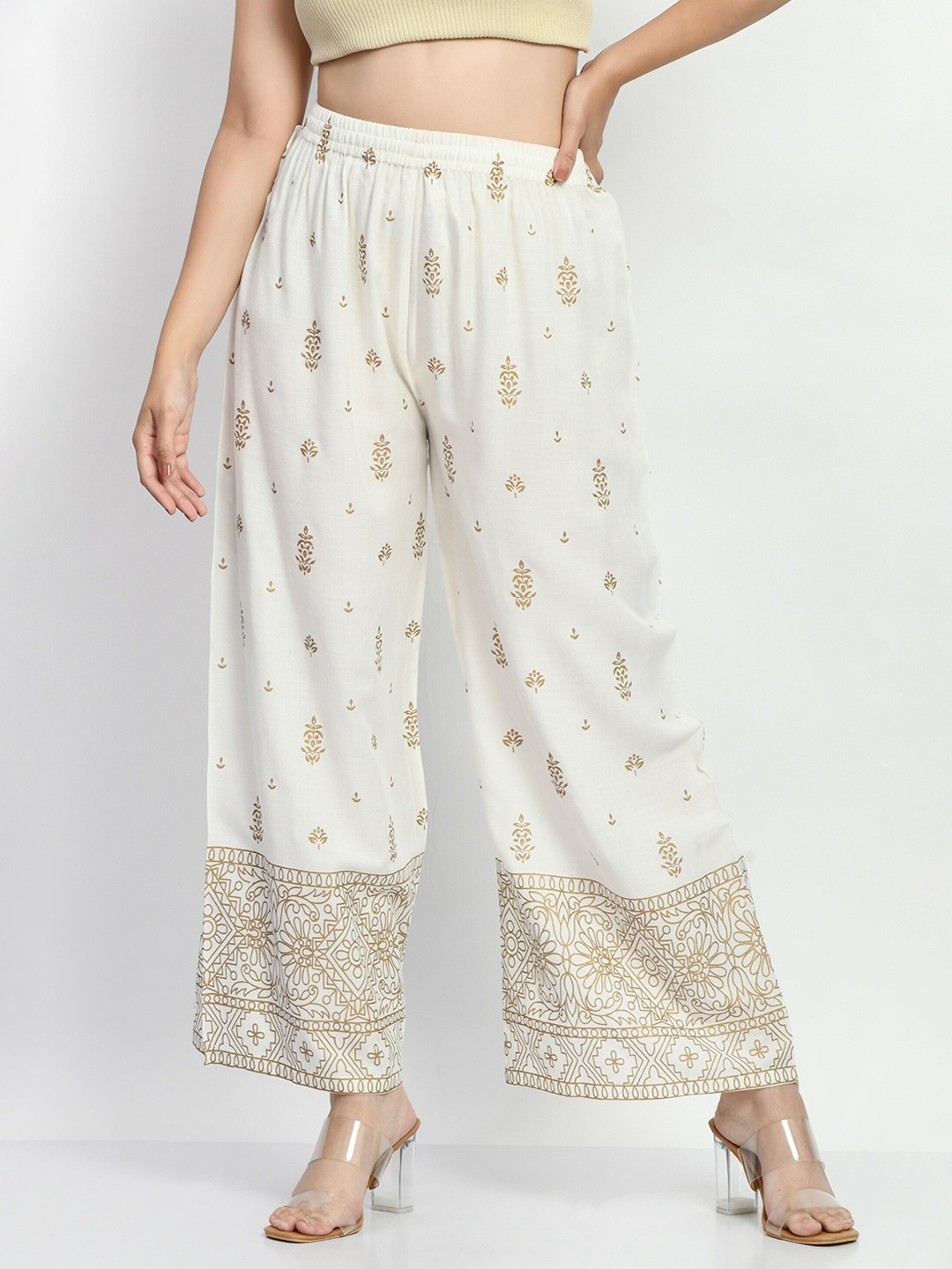 

ADAA JAIPUR Ethnic Motifs Printed Straight Fit Palazzos, Off white