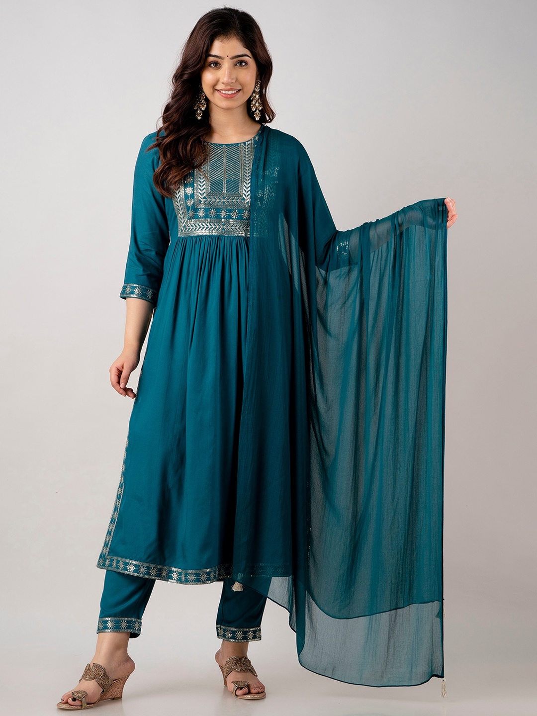 

Charu Ethnic Motifs Yoke Design Regular Kurta With Trousers & Dupatta, Sea green