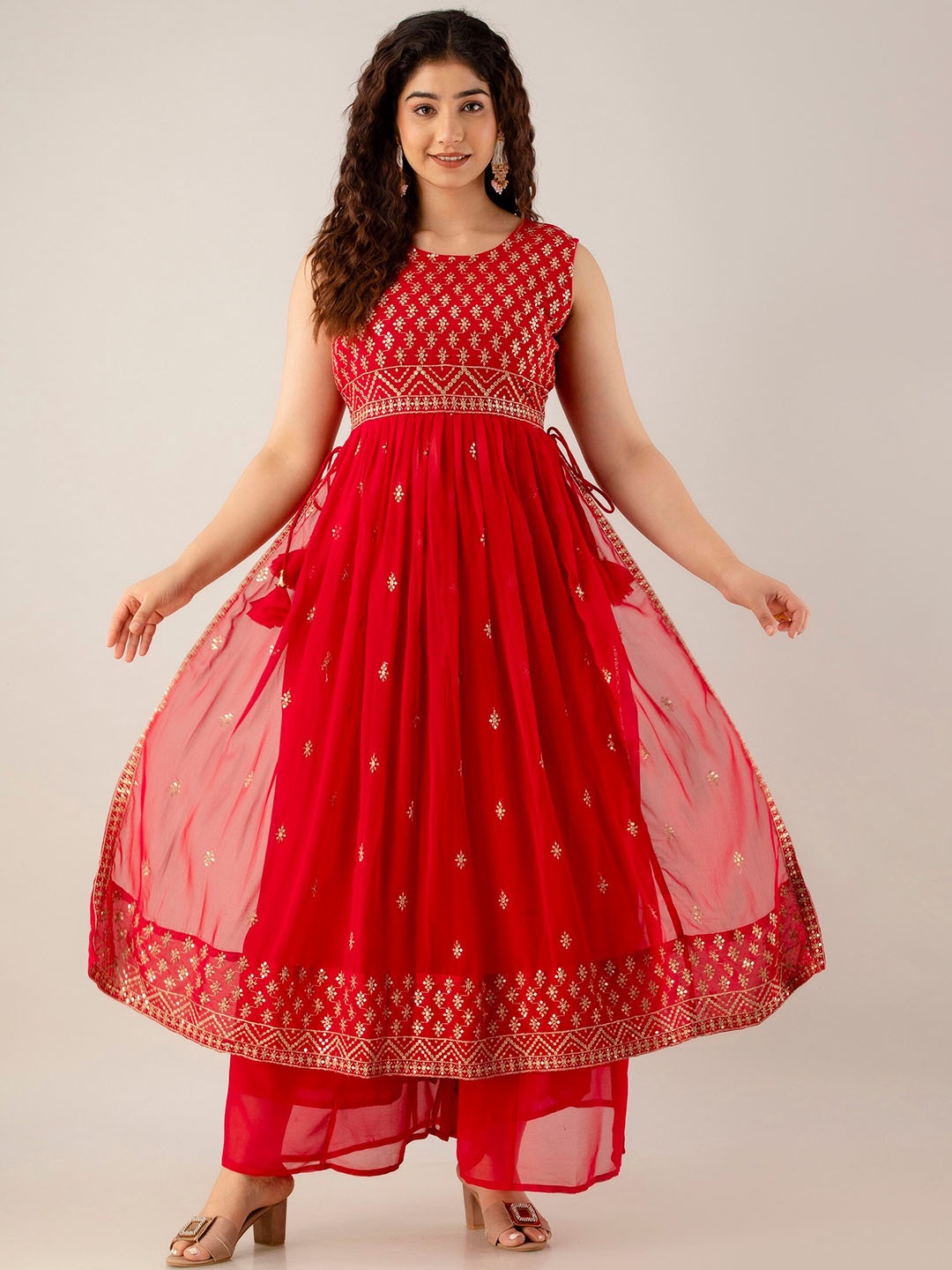 

Charu Ethnic Motifs Embroidered Sequinned Kurta With Palazzos & Dupatta, Red
