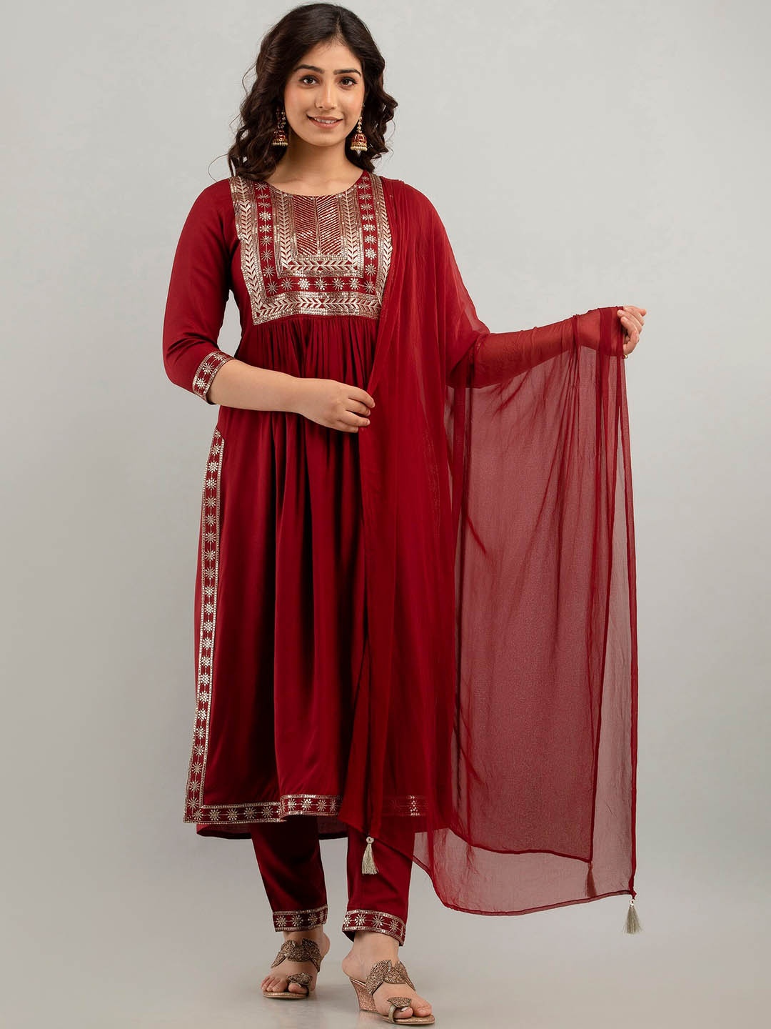 

Charu Ethnic Motifs Yoke Design Pleated Sequinned A-line Kurta With Trousers & Dupatta, Maroon