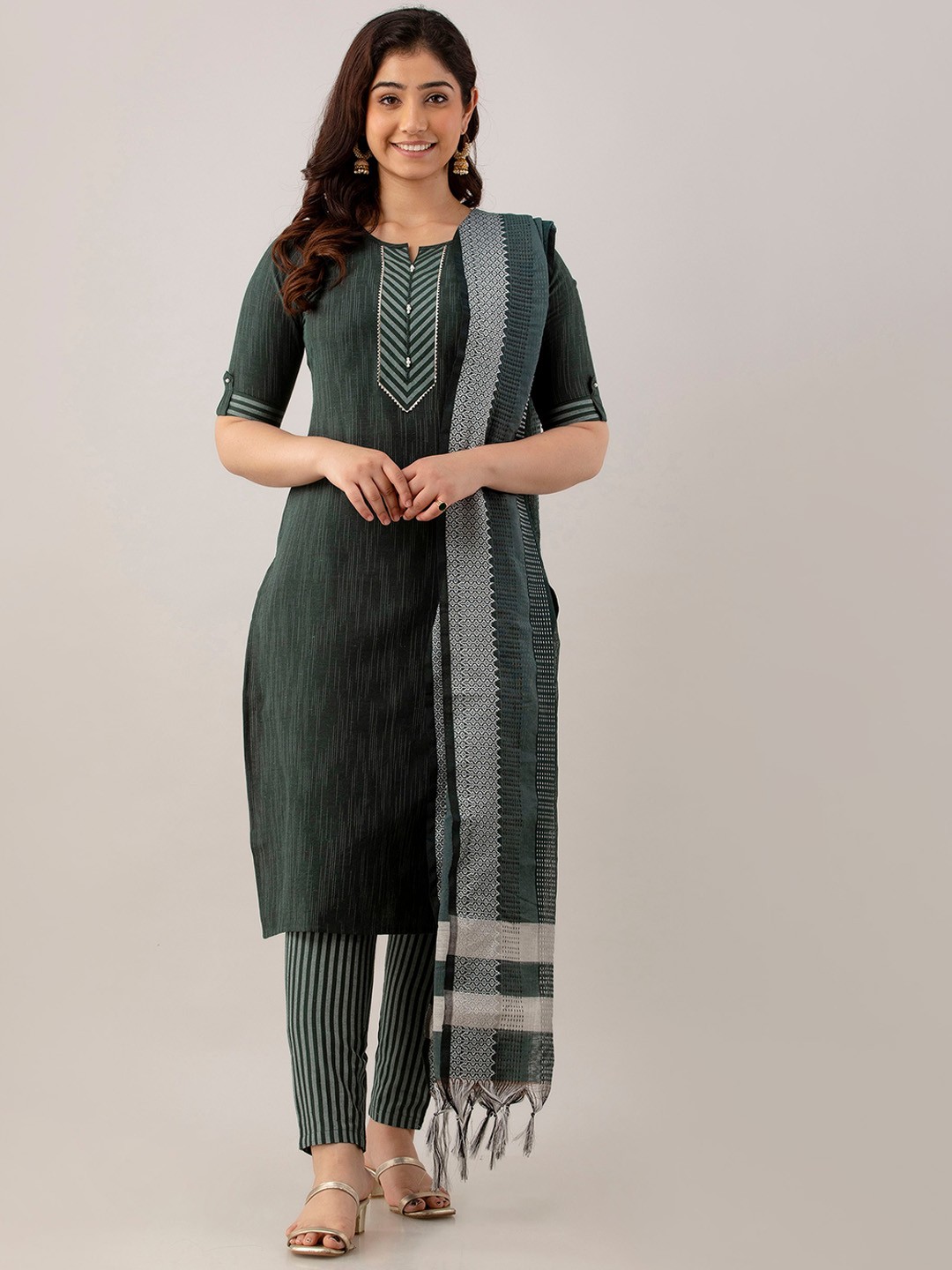 

Charu Striped Regular Beads and Stones Kurta with Trousers & Dupatta, Green