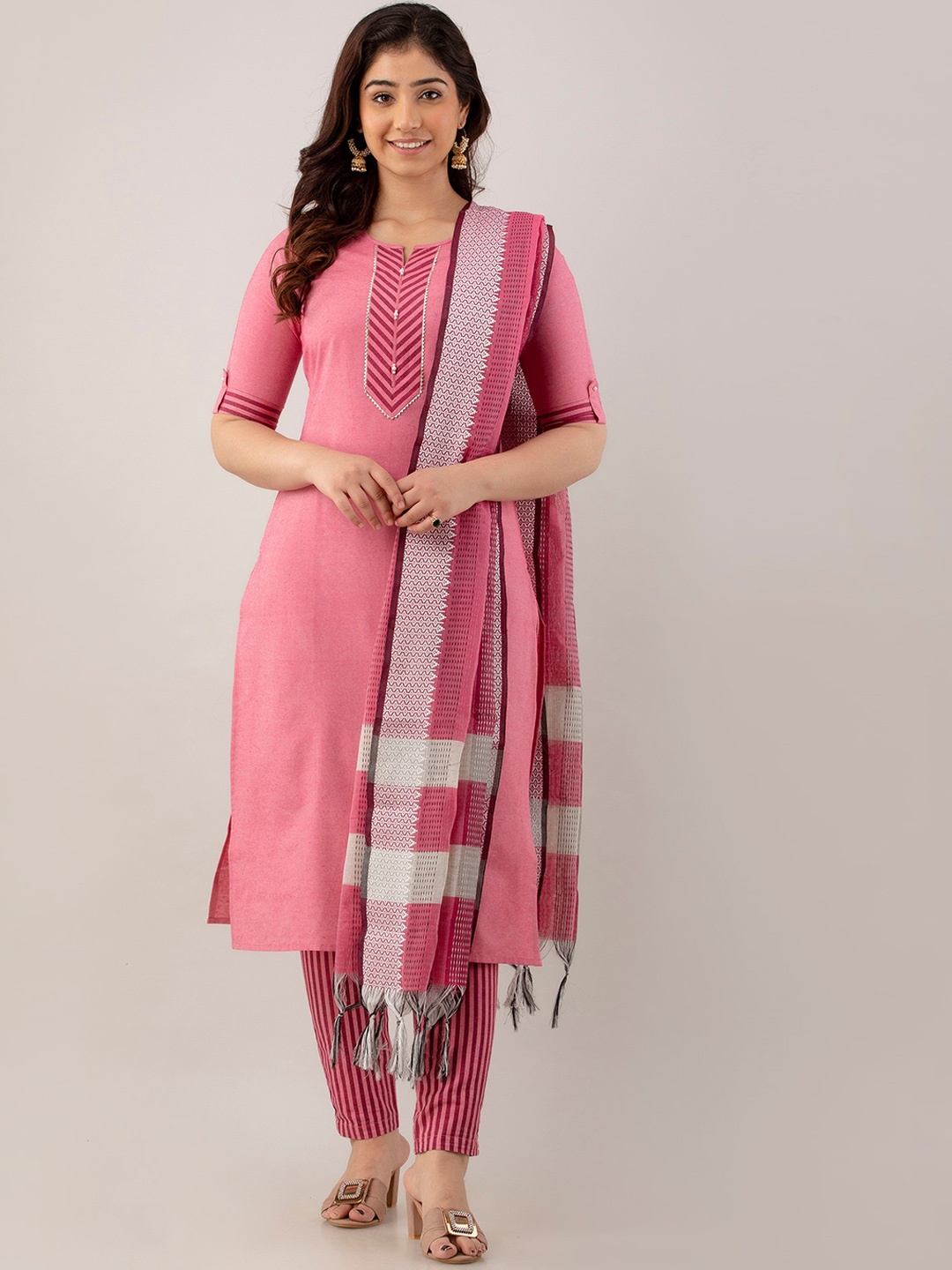 

Charu Striped Straight Kurta With Trousers & Dupatta, Pink