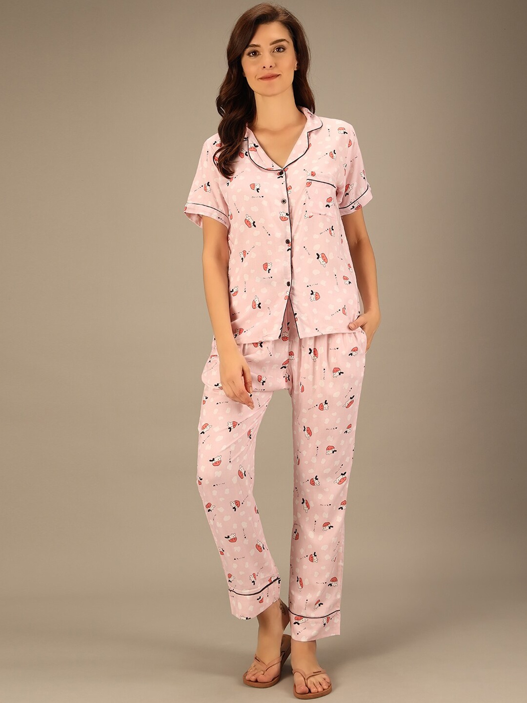

BAESD Conversational Printed Lapel Collar Shirt With Trousers, Pink