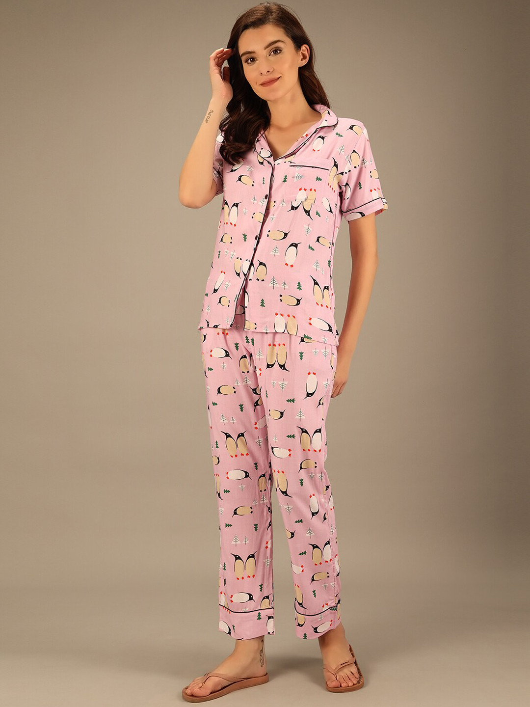 

BAESD Penguin Printed Night suit, Pink