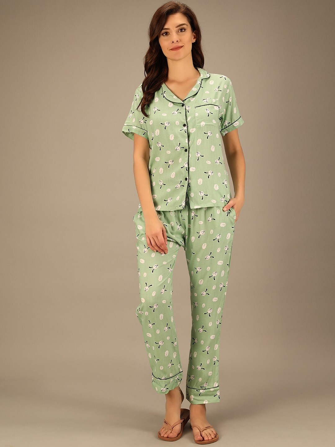 

BAESD Conversational Printed Lapel Collar Shirt With Trousers, Green