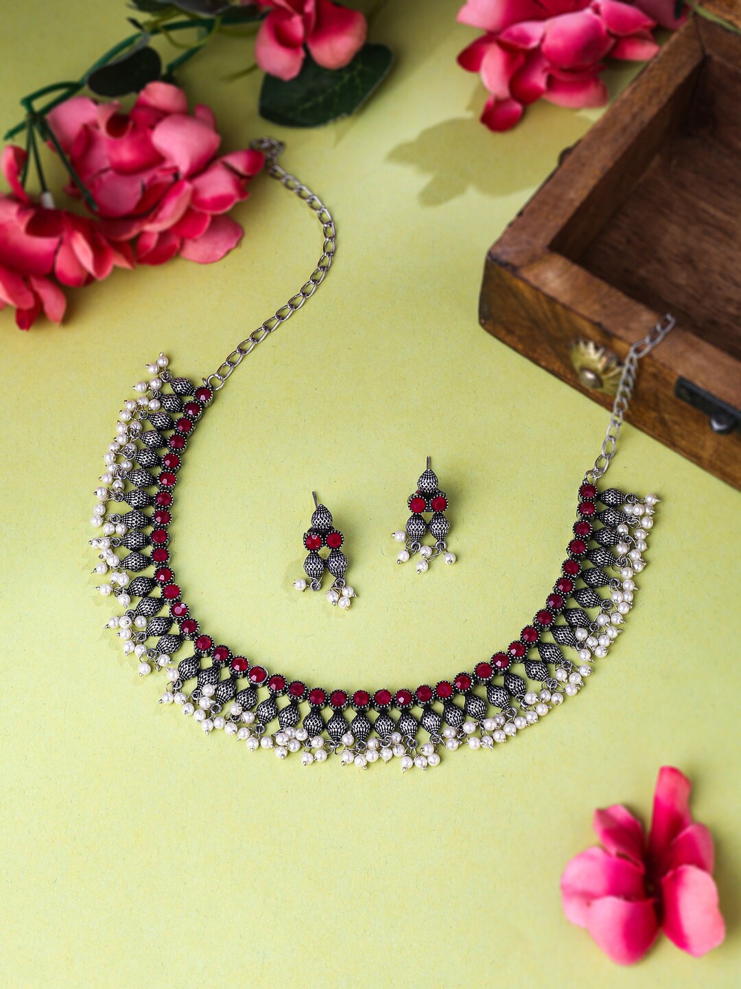 

NVR Silver-Plated Stone Studded Oxidised Silver Jewellery Set