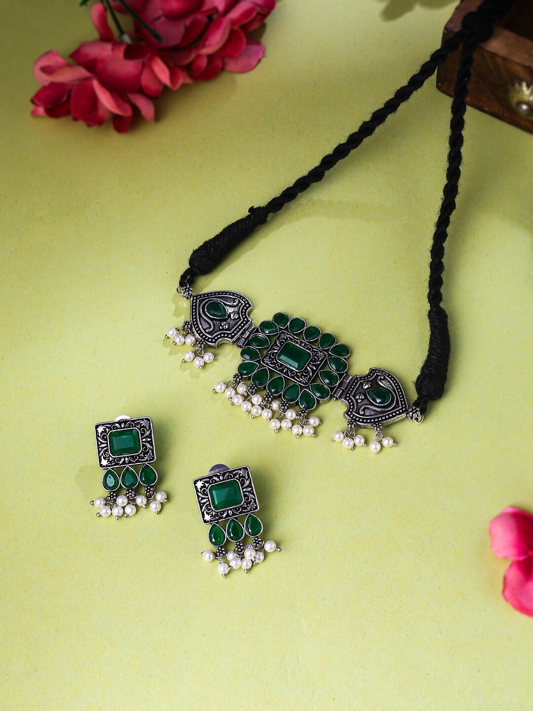 

NVR Oxidised Silver Stone Studded Jewellery Set