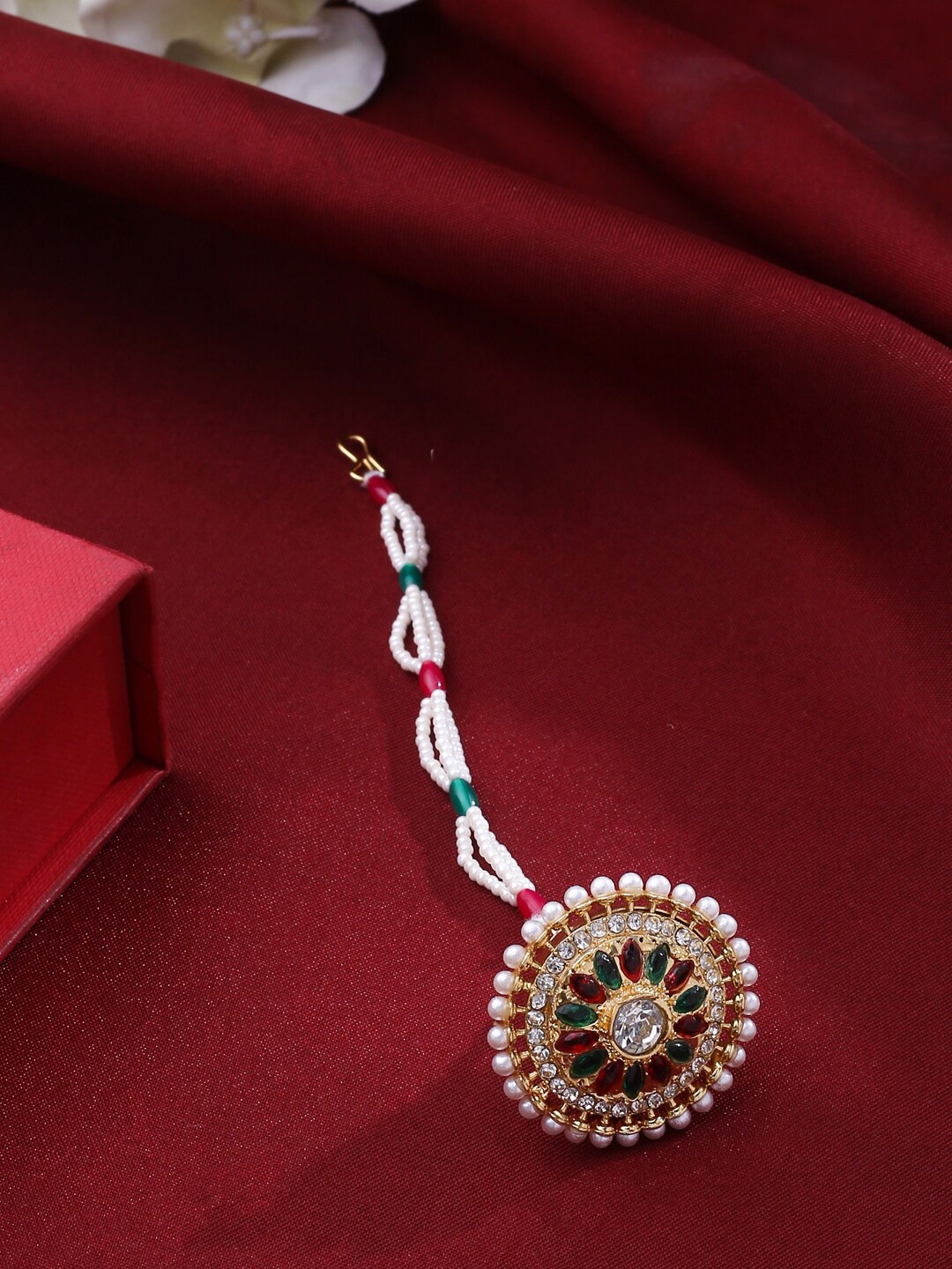 

NVR Gold Plated Kundan Studded & Beaded Borla Maang Tika