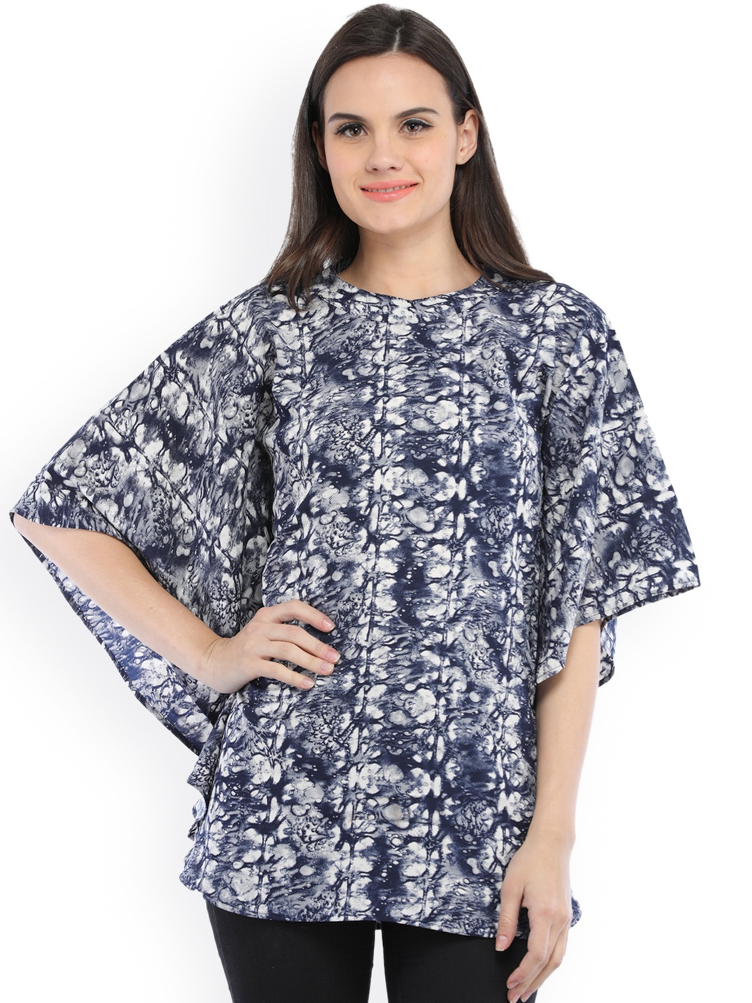 

Cottinfab Women Navy Blue Printed Kaftan Top