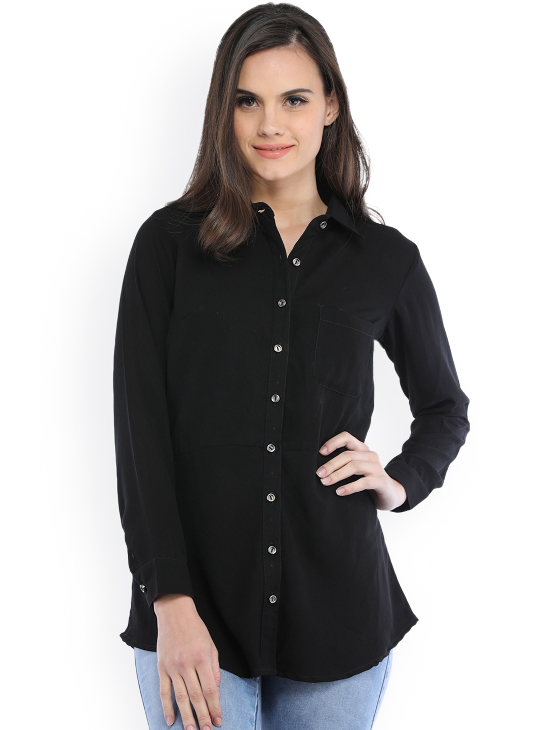 

Cottinfab Women Black Solid Shirt Style Top