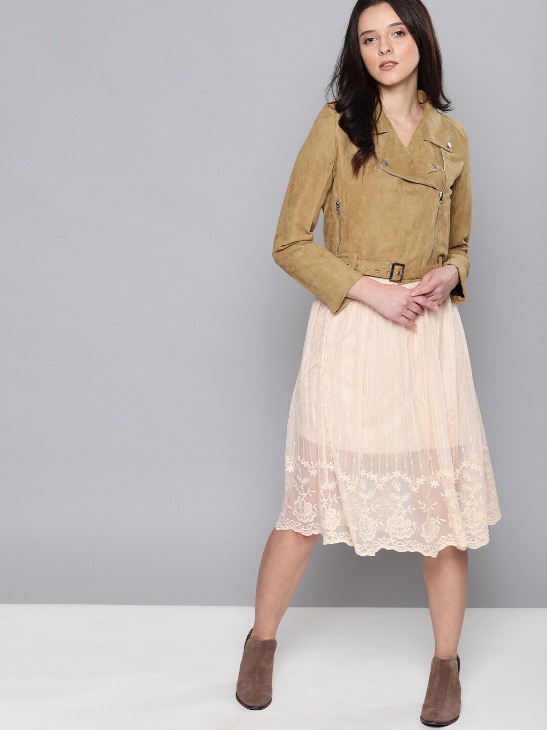 

Mast & Harbour Lapel Collar Crop Biker Jacket with Belt, Beige