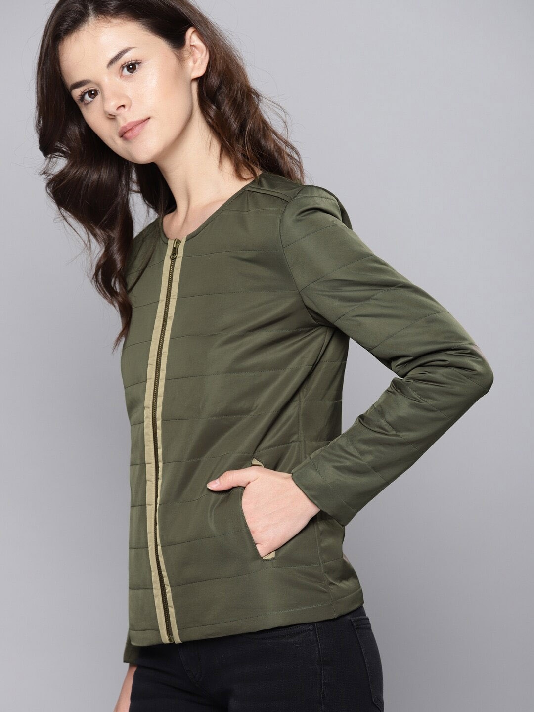 

Mast & Harbour Olive Green Collarless Puffer Jacket