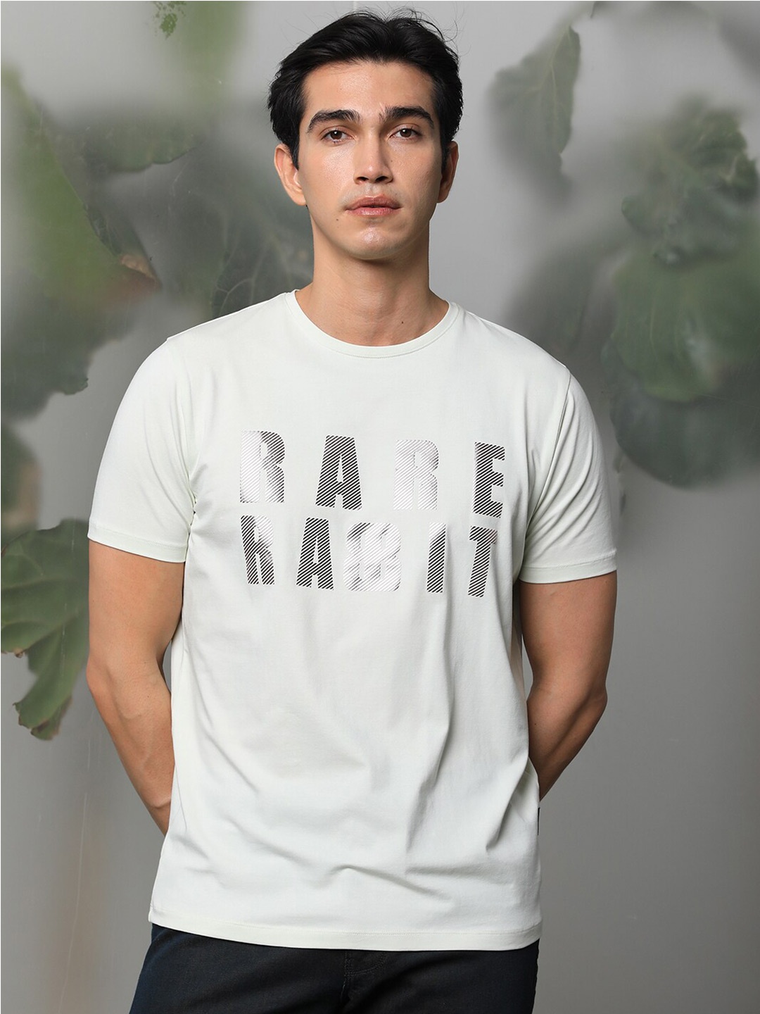 

RARE RABBIT Men Electricc Typography Printed Slim Fit T-Shirt, Off white