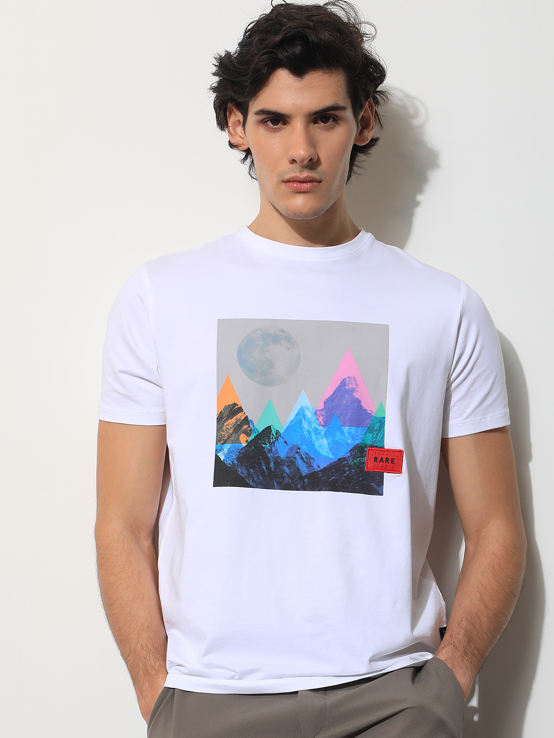 

RARE RABBIT Men Oden Graphic Printed Cotton Slim Fit T-Shirt, White