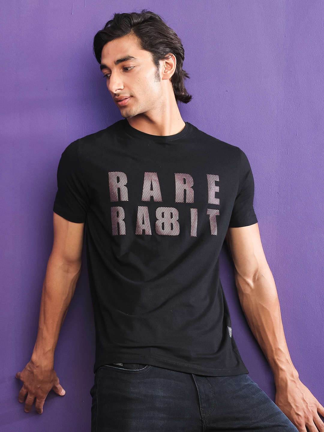 

RARE RABBIT Men Electricc Typography Printed Cotton Slim Fit T-Shirt, Black