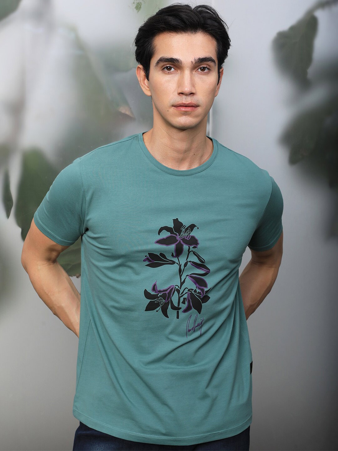 

RARE RABBIT Men Macc Floral Printed Slim Fit Cotton T-Shirt, Green