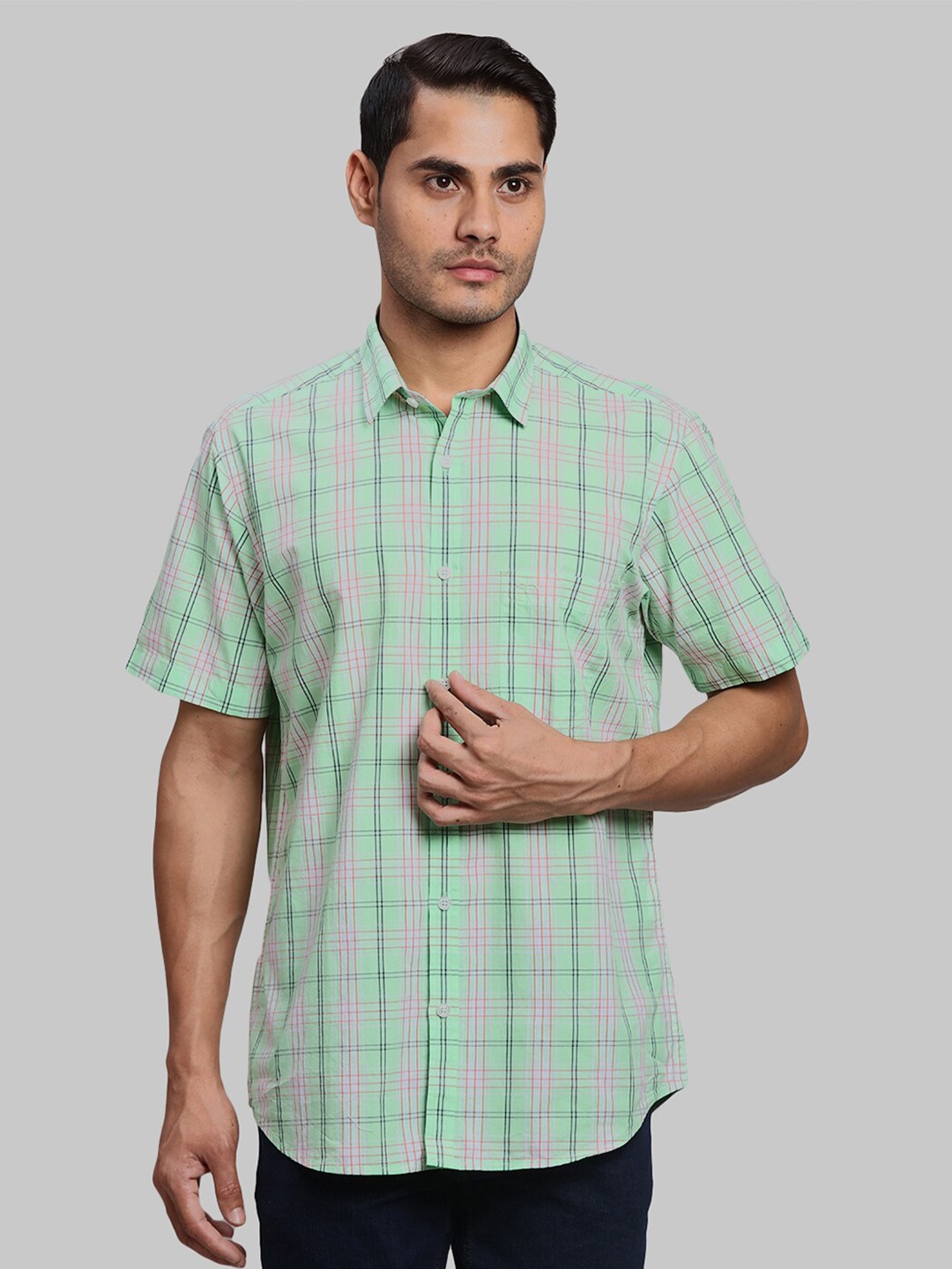 

ColorPlus Opaque Checked Short Sleeves Cotton Casual Shirt, Green