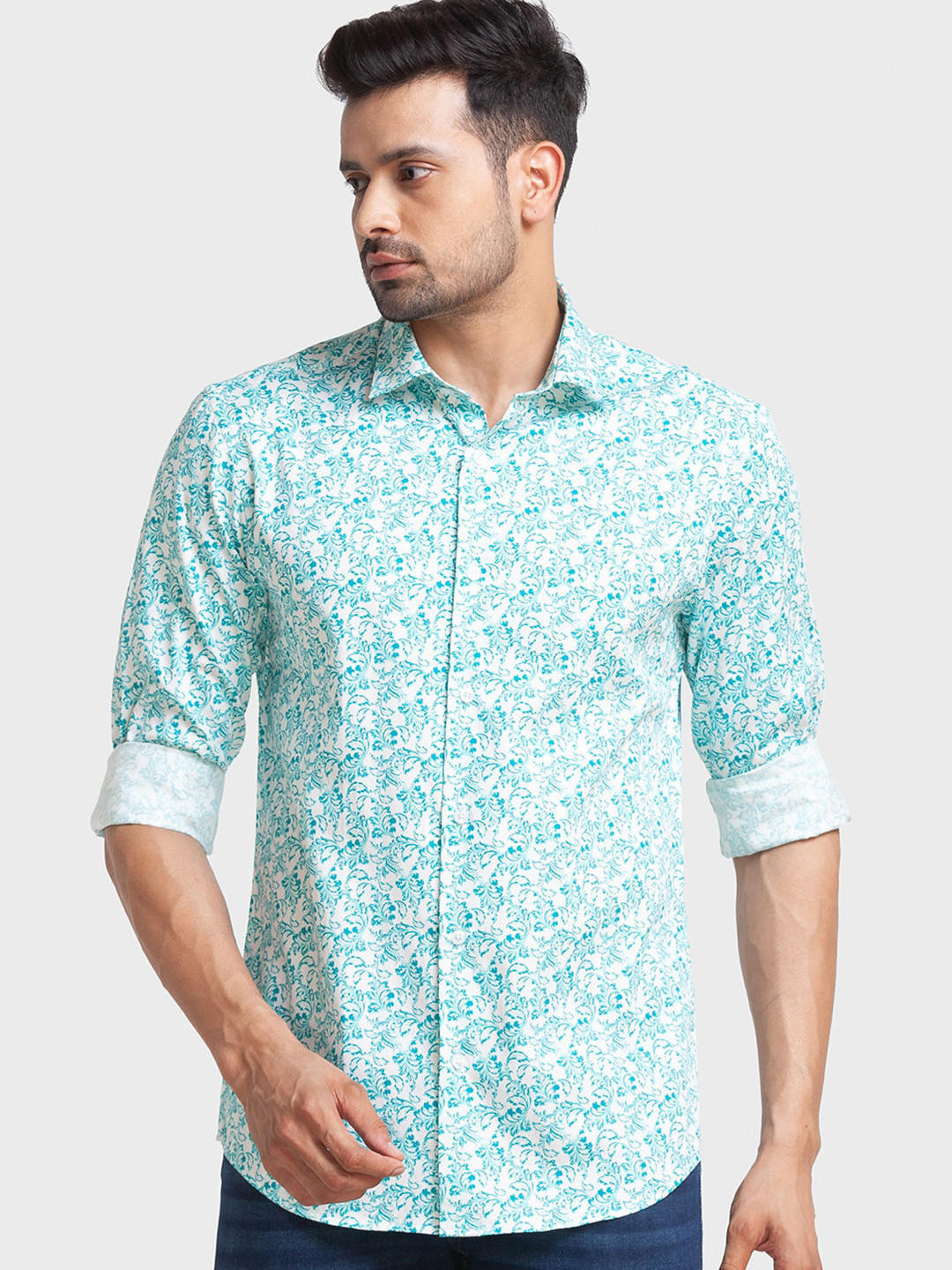 

ColorPlus Men Floral Opaque Printed Cotton Formal Shirt, Blue