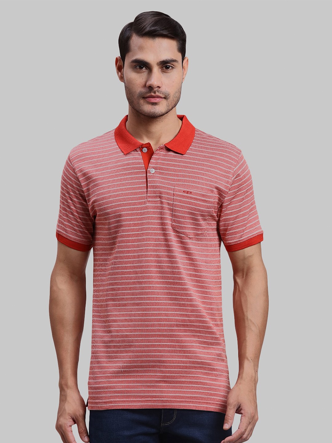

ColorPlus Striped Polo Collar Cotton T-shirt, Orange