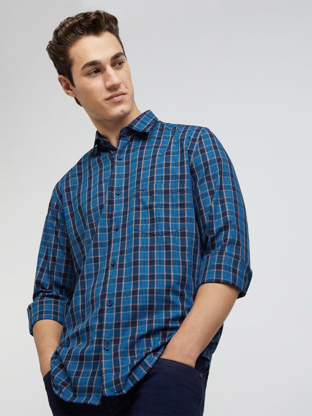 ColorPlus Tartan Checks Opaque Cotton Casual Shirt, Blue