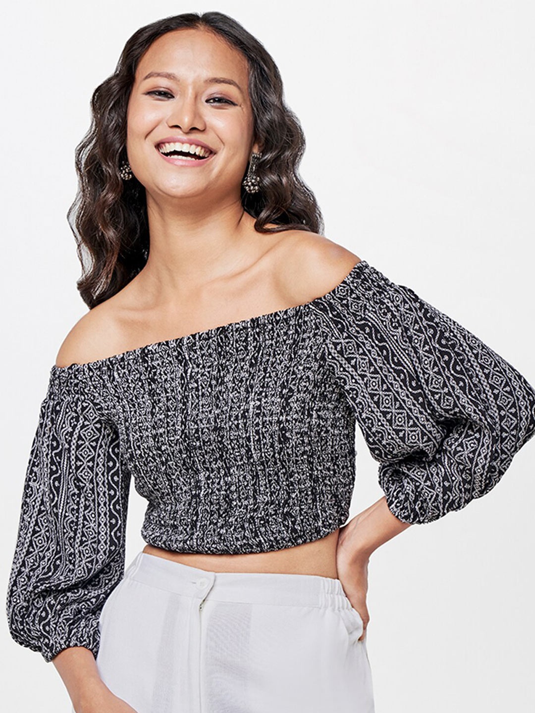 

Global Desi Printed Off-Shoulder Puff Sleeves Bardot Crop Top, Black