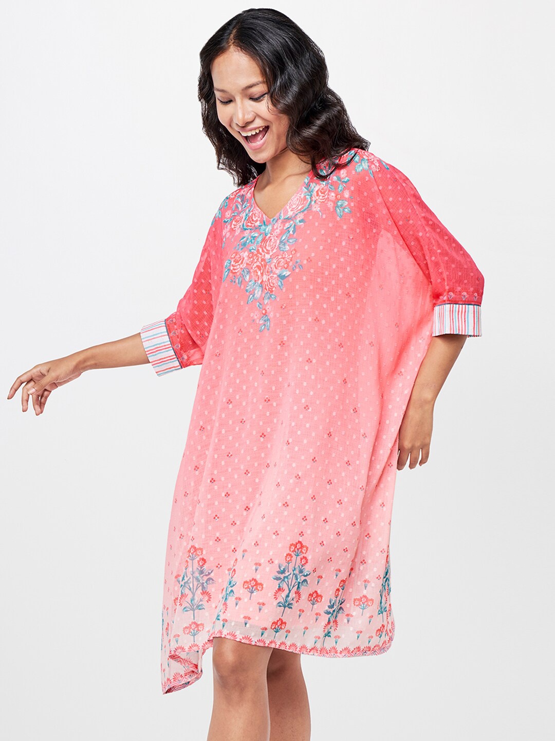 

Global Desi V-Neck Printed Tunic, Pink