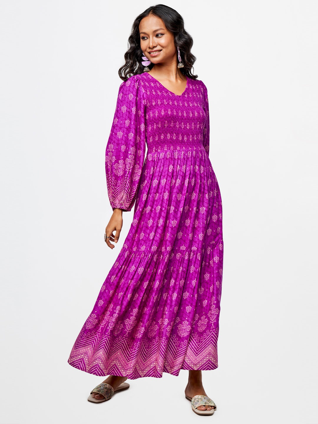 

Global Desi Ethnic Motifs Printed Bishop Sleeve Smocked Detail Fit & Flare Dress, Purple