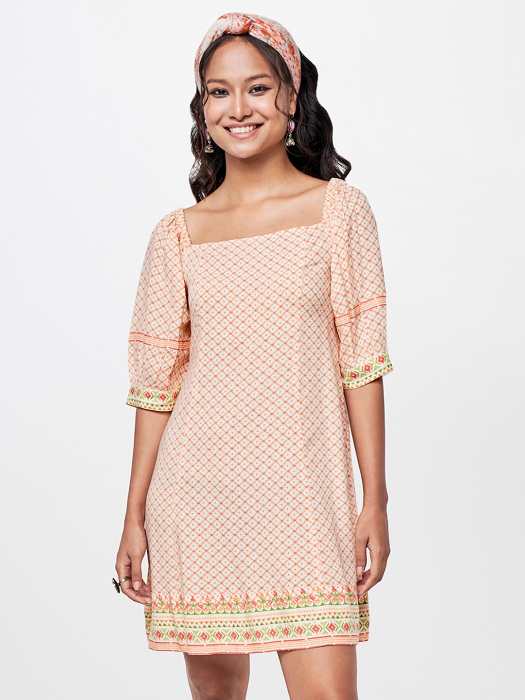 

Global Desi Checked Printed Puff Sleeves A-Line Dress, Off white
