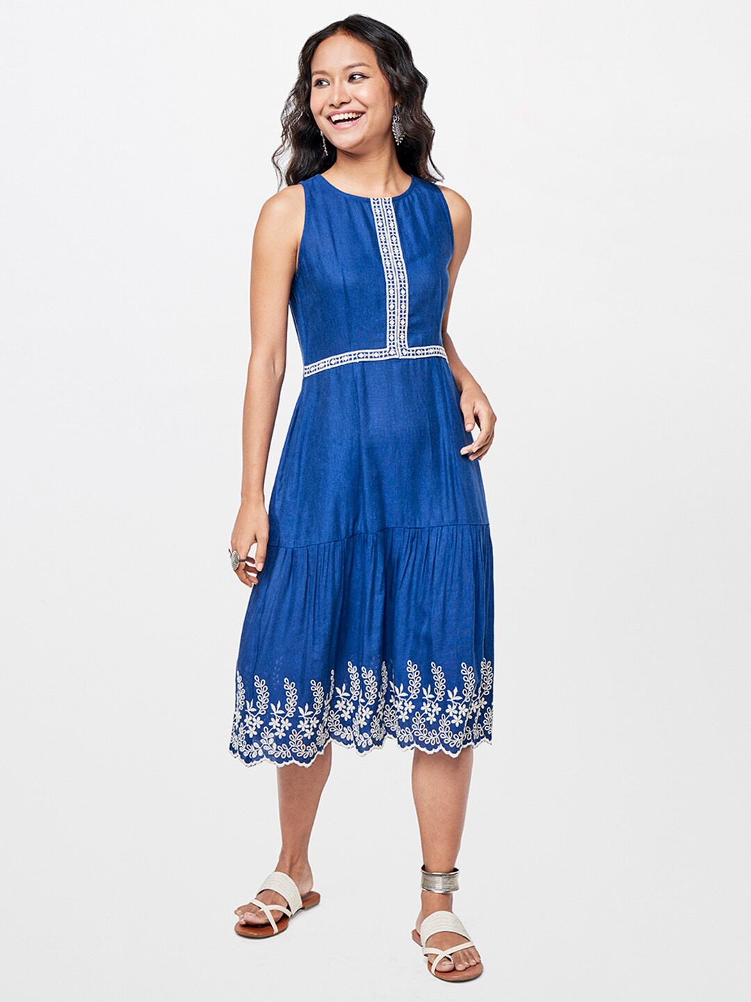 

Global Desi Embroidered Round Neck A-Line Midi Dress, Blue
