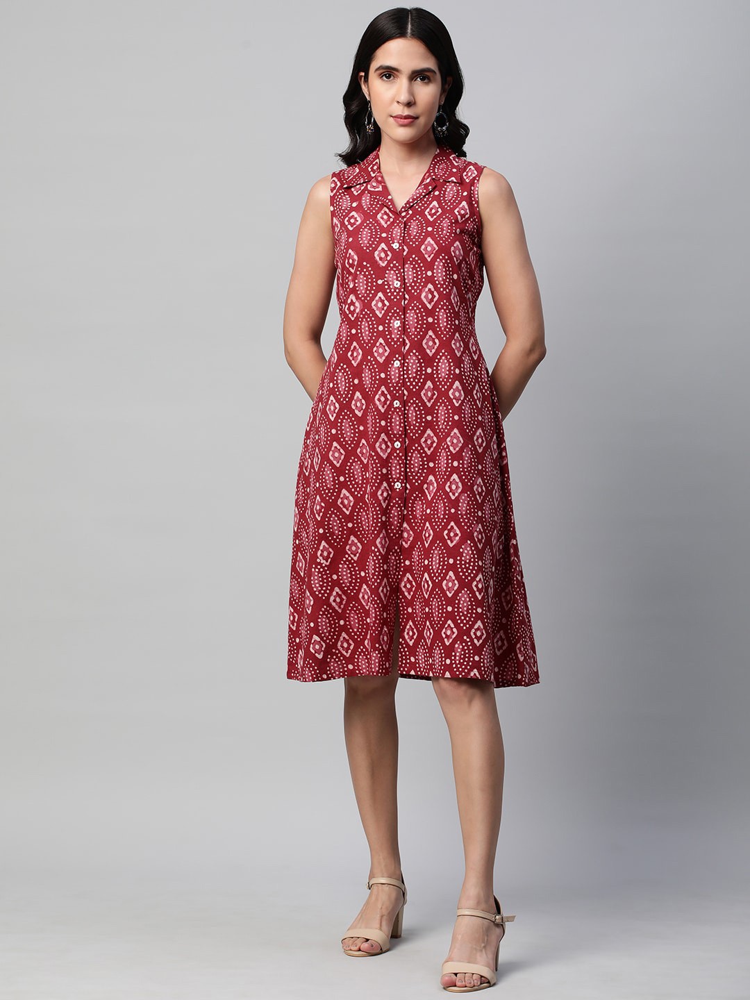 

KAMI KUBI Ethnic Motifs Printed Cuban Collar Neck Cotton A-Line Ethnic Dress, Maroon