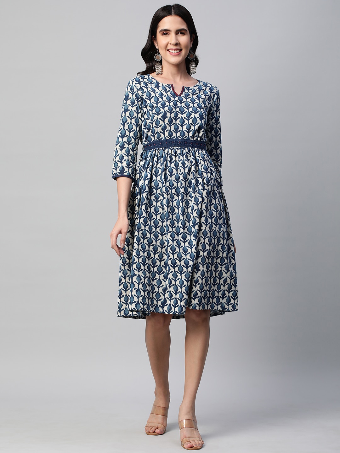 

KAMI KUBI Floral Printed Fit & Flare Cotton Midi Dress, Off white