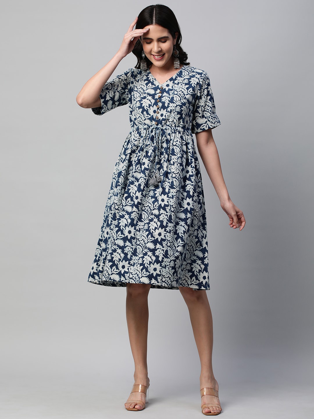 

KAMI KUBI Pure Cotton Floral Print Empire Dress, Blue