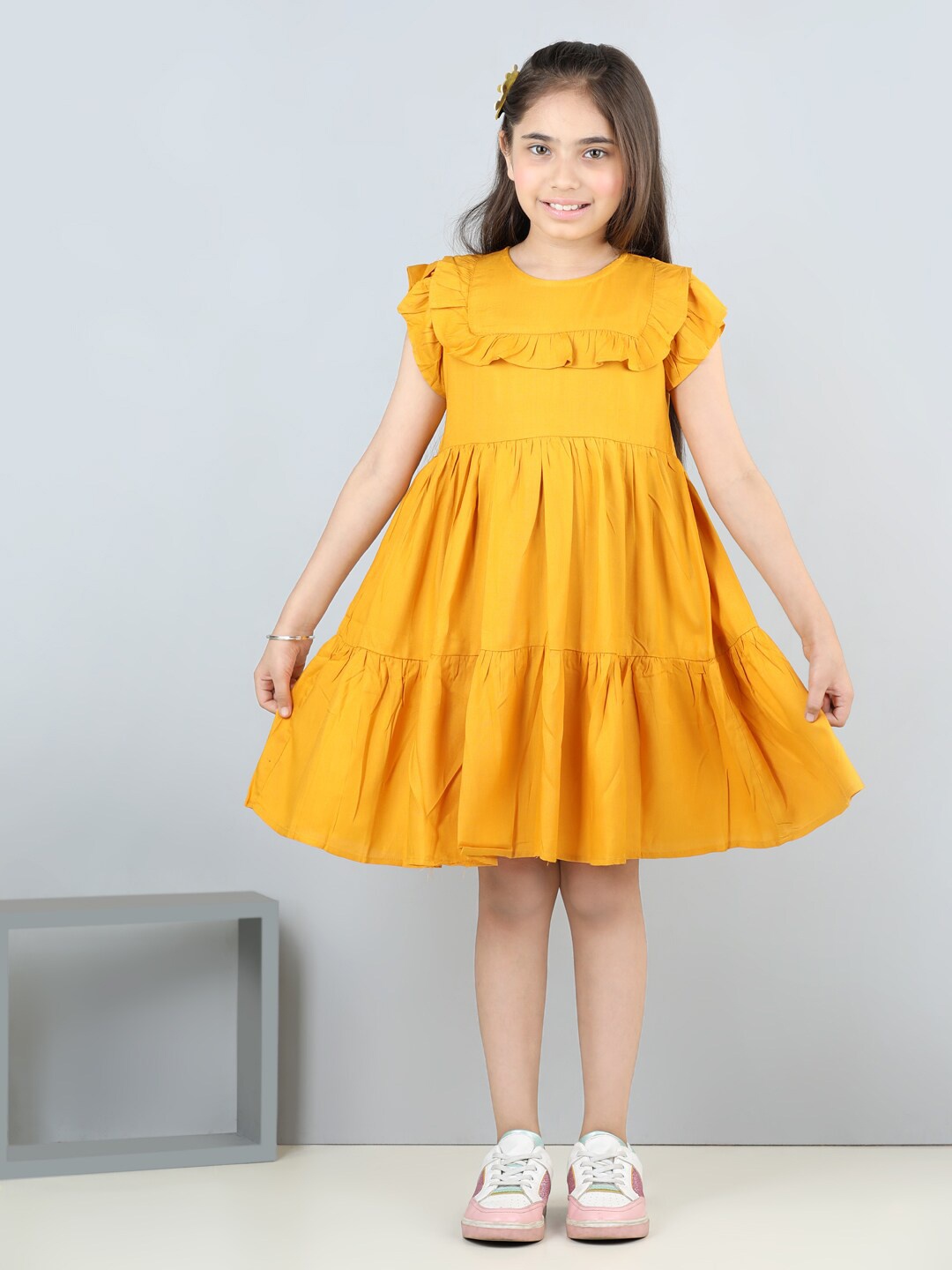 

AWW HUNNIE Girls Flutter Sleeves Tiered Gathers Detailed Fit & Flare Dress, Mustard