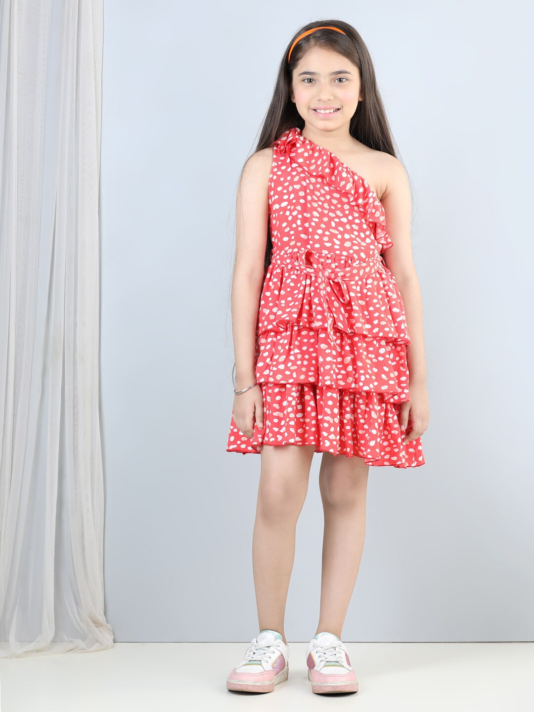 

AWW HUNNIE Girls Animal Printed One Shoulder Layered Casual Fit & Flare Dress, Red