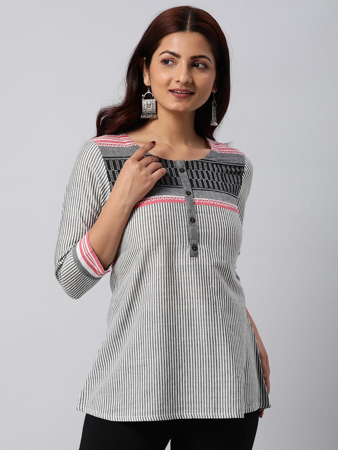 

KAMI KUBI Striped Round Neck Pure Cotton A-Line Top, Grey