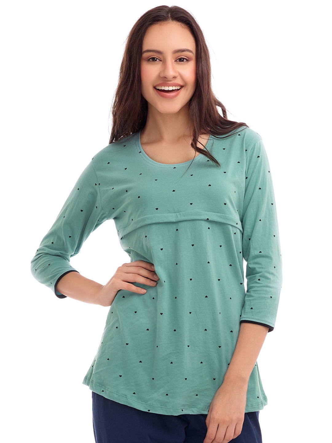 

Zeyo Polka Dot Printed Maternity Cotton Top, Green
